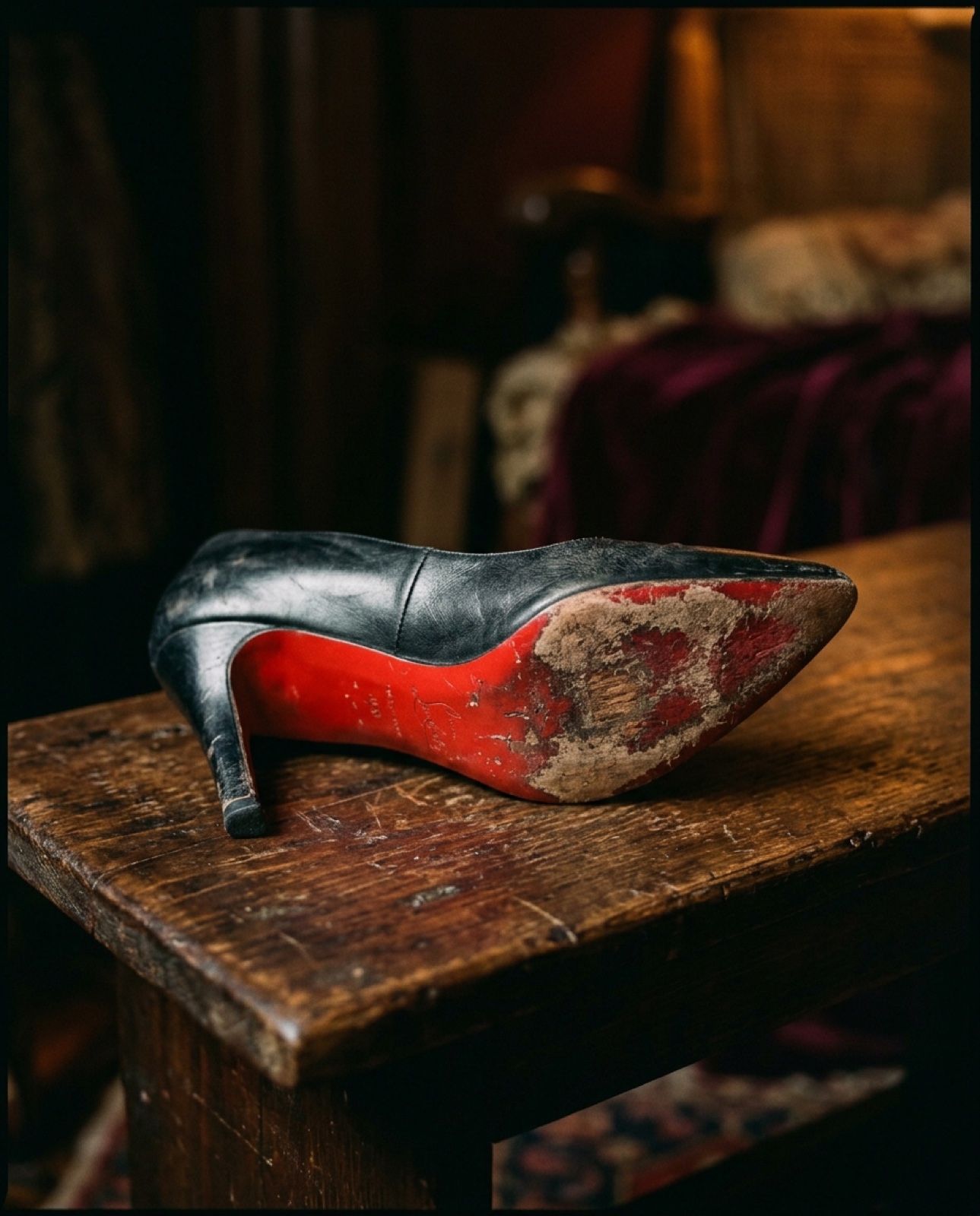 Worn black stiletto with scuffed red sole before restoration.