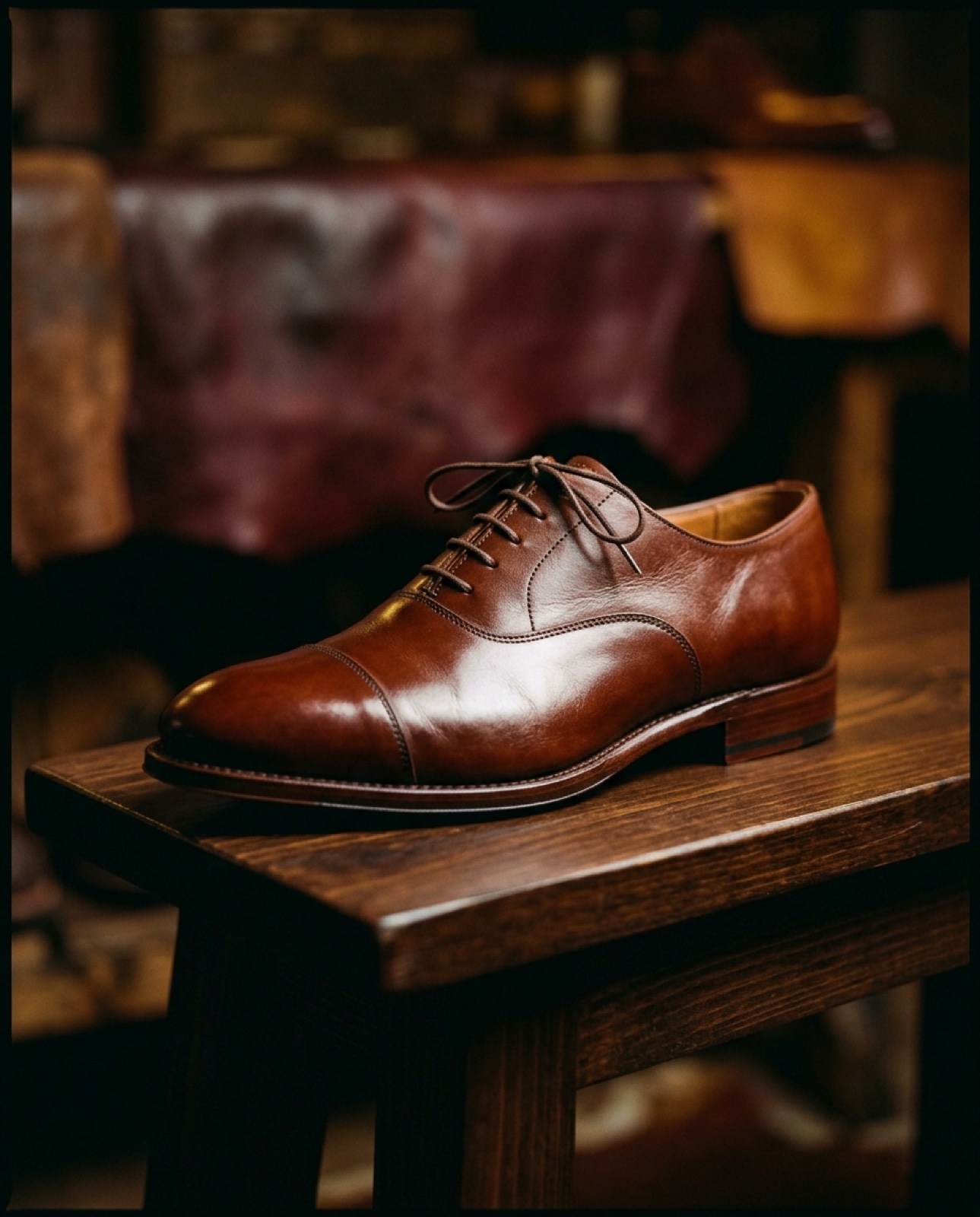 A restored chestnut brown leather oxford with mirror polish and new sole.