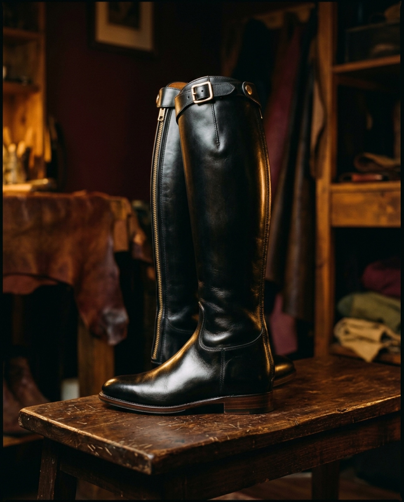 A fully restored black leather boot with new zipper and mirror polish.