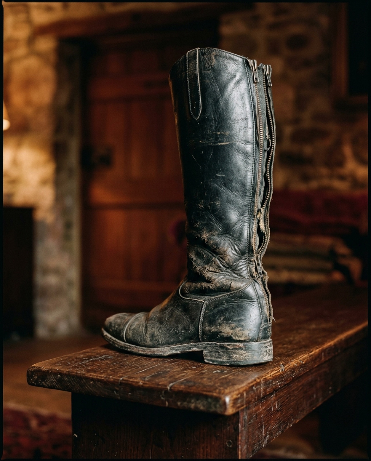 A worn black leather boot with cracked leather and broken zipper before restoration.