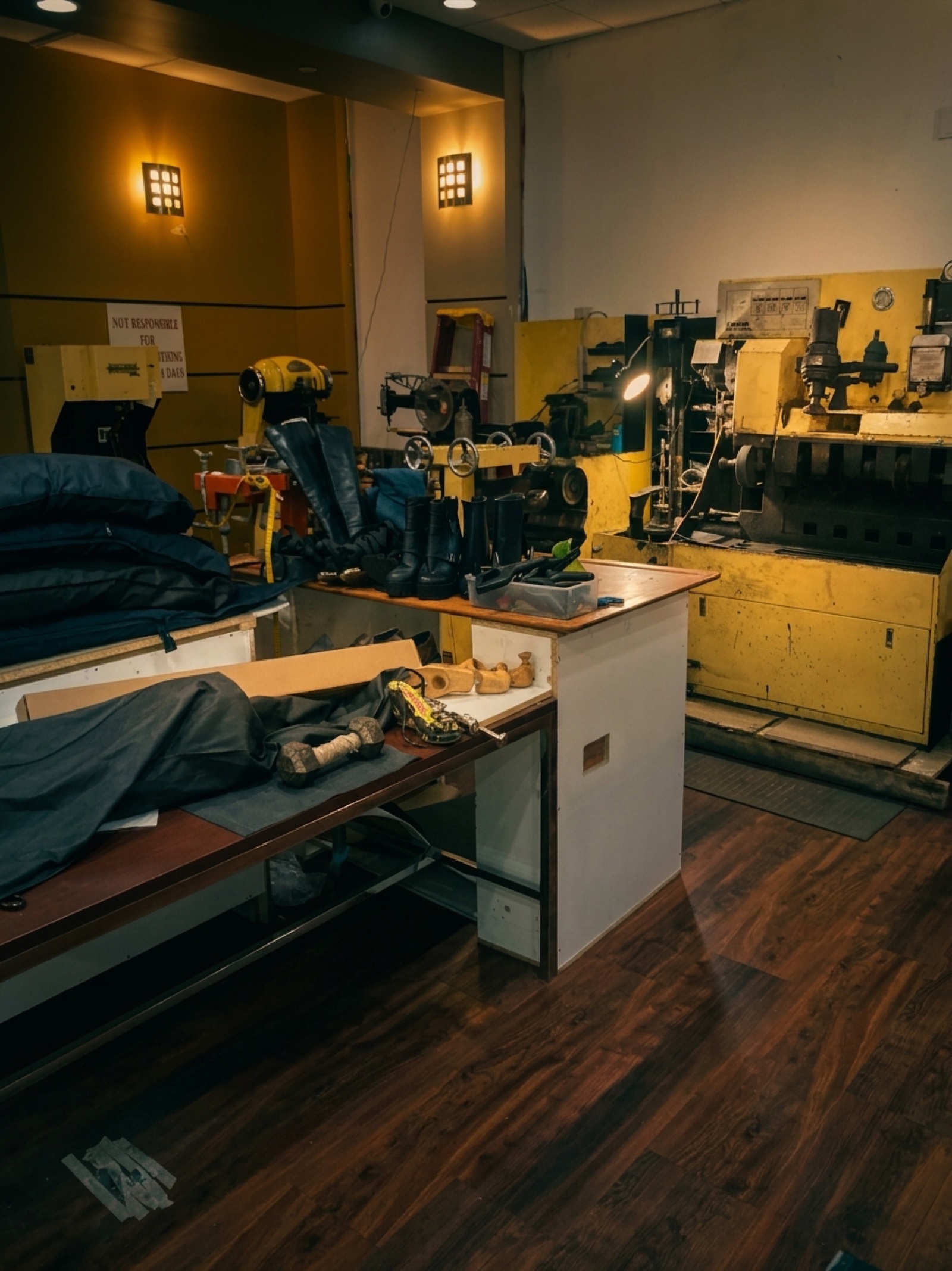 The actual workshop bench at A Plus — yellow Landis machines lined up across the back wall, garment bags on the front table.