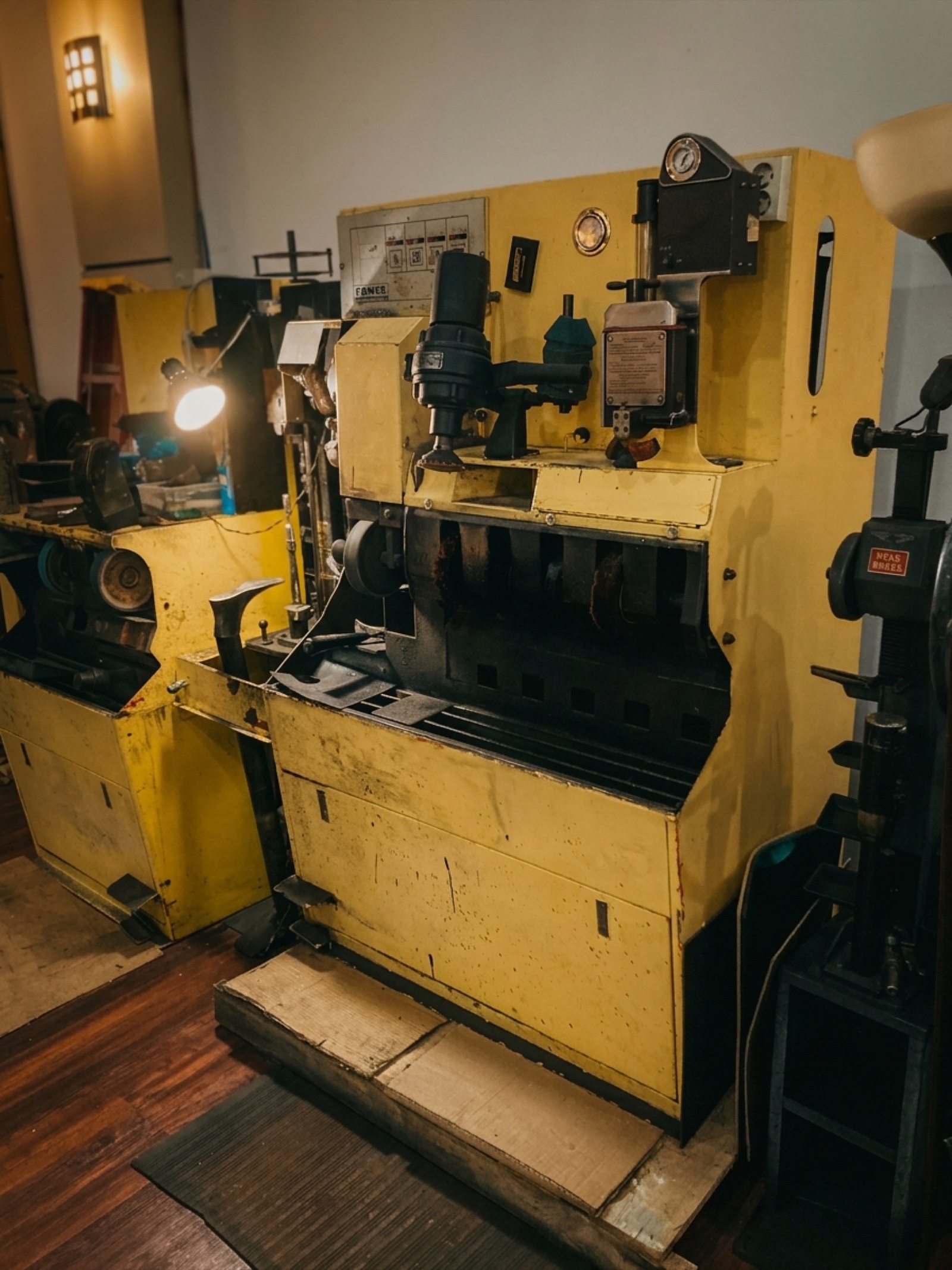 The vintage POWER finishing press at A Plus, lit by a warm tungsten lamp from the side.